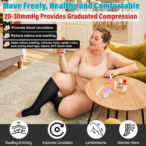 KEKING® Extra Wide Calf Compression Socks for Men & Women, 20-30 mmHg Compression Stockings Open Toe - Plus Size Knee High Support Hose for Varicose Veins, Pain Relief, Swelling, Black XXL