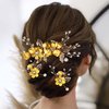 Bridal Hair Combs, Wedding Hair Comb Set Crystal Flower Hair Clips Bride Bridesmaid Hair Sides Comb Rhinestone Barrettes, Pearl Flower Hair Pins Hair Accessories for Women Girls (Yellow)