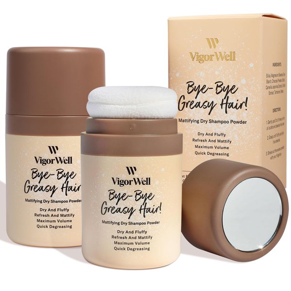 VigorWell Dry Shampoo Powder (3 pack) - Non-Aerosol, Natural Travel-Size for Women with Dark Hair