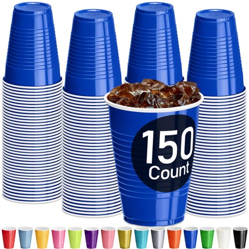 DecorRack Blue Plastic Cups, 12 oz Disposable Cups, Party Supplies (150 Count)