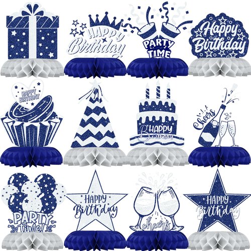 Blue Sliver Party Decorations, 12Pcs Blue Sliver Honeycomb Birthday Decorations, Elegant Blue Sliver Table Toppers Party Decorations for Women, Perfect Birthday Table Decorations