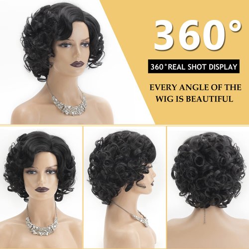 SEVENCOLORS Short Curly Wigs for Black Women Glueless Soft Short Black Hair Wigs Natural Looking Synthetic Fiber Afro Big Curly Bob Wigs