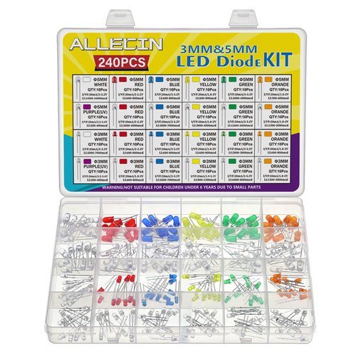 ALLECIN 24 Values Multicolor LED Light Emitting Diodes Kit 5MM 3MM White Red Blue Yellow Green Orange Purple Transparent Round LED Lamp Lighting Assorted for Arduino Electronics