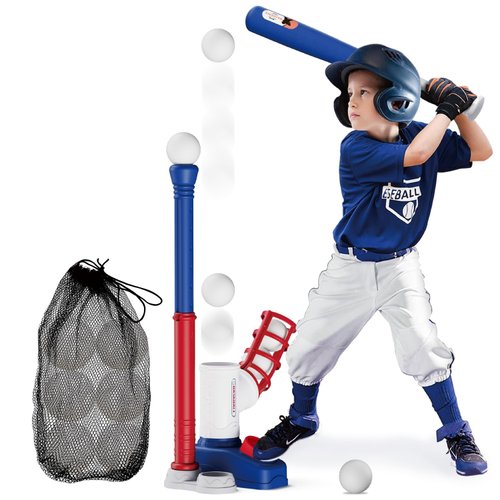 AuntyFey Tball Set for Toddler 3-5, T Ball Set for Kids 3-5-8, Toddler Kid Baseball Set 5-7, Toddler Kid Baseball Tball Bat Tee with 6 Baseball, Tee Ball Set Gift (Blue)