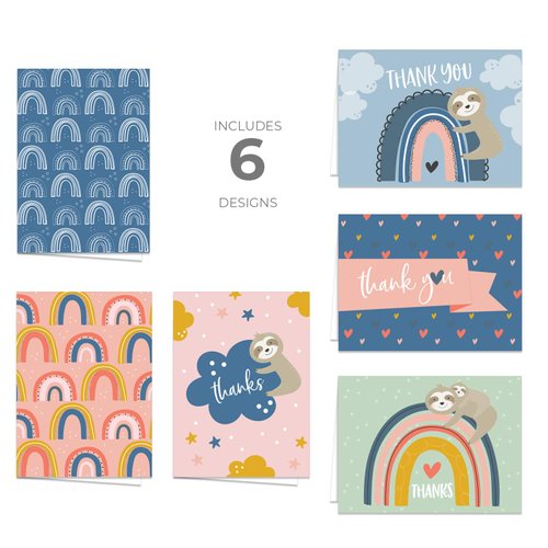 Canopy Street Thank You Cards With Happy Rainbow And Sloth Design / 24 Colorful Thank You Note Cards And Envelopes / 6 Cute Designs