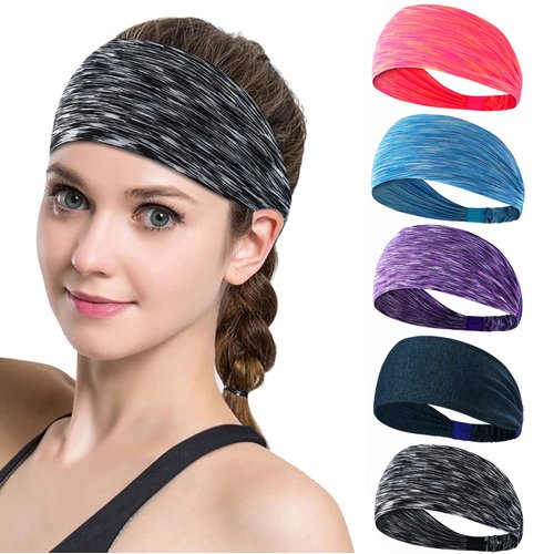Workout Headbands for Women, Sports Running Headband for Exercise, Wide Headbands for Women, Gym Hairband Non Slip Yoga Sweatband Fitness for Fitness Tennis fits All Men and Women 5 Pack