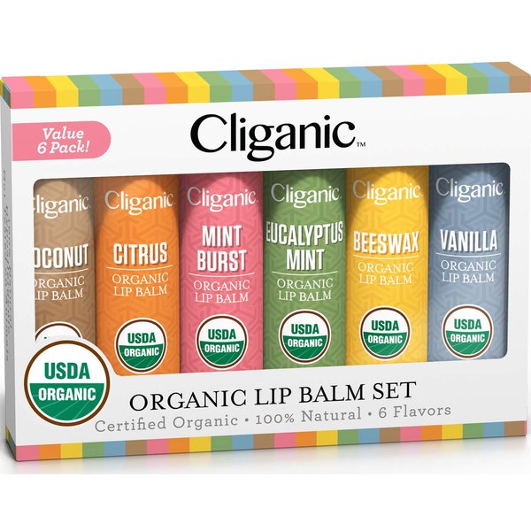 Cliganic USDA Organic Lip Balm Set (4 Packs of 6 Tubes), 100% Natural Moisturizer for Cracked & Dry Lips