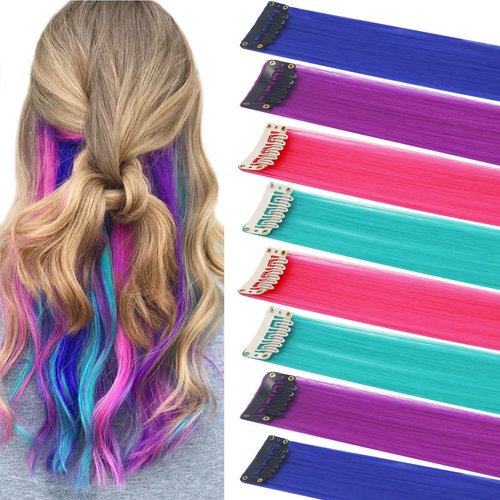 Rhyme Colored Hair Extensions Clip in For Girls Kids Women Hair Accessories Wig Hairpieces Christmas birthday Gift Cosplay Hairstyles 8 Pieces (Pink Purple Blue Teal)