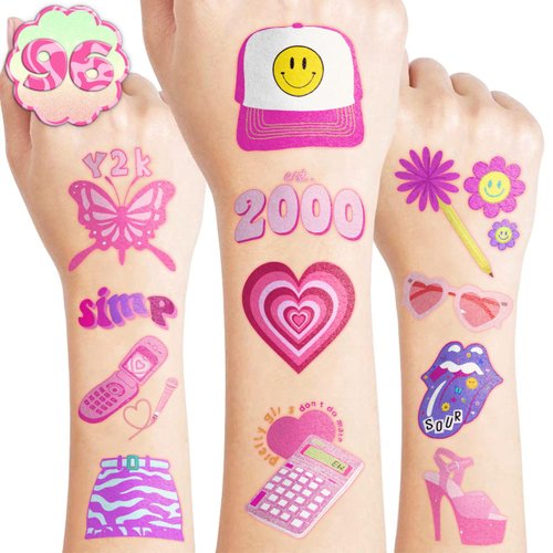 Y2K 2000 Temporary Tattoos for Teen Girls | 96PCS Birthday Party Decorations Supplies Party Favors 00s Pink Cute Gifts Classroom School Prizes Themed Christmas Tattoos Sticker