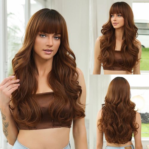 INSGOGO Long Wigs with Bangs for Women Body wave Curly Natural Like 26 Inch Synthetic Fiber Wig for Daily and party Use and Cosplay(Brown)