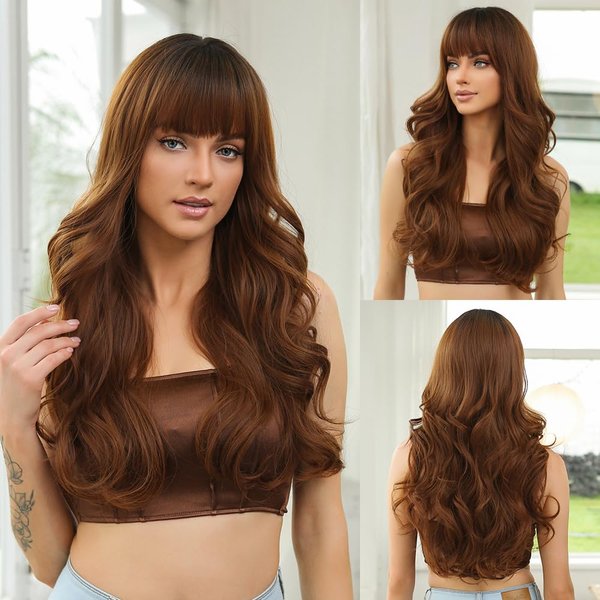 INSGOGO Long Wigs with Bangs for Women Body wave Curly Natural Like 26 Inch Synthetic Fiber Wig for Daily and party Use and Cosplay(Brown)