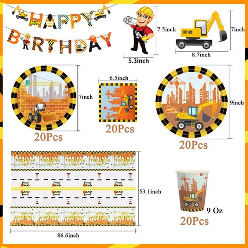 Krumpoyg 82pcs Construction Birthday Party Supplies for Serves 20 ,Construction Theme for boy Party Decorations for Kids Birthday Party Table Cover, Plates, Cups, Napkins,Birthday Banner