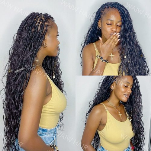 WAIW HAIR Crochet Boho Locs Brading Hair with Body Wave Human Hair Pre_Looped Goddess Dreadlocks Hair Extensions for Black Women Natural Color 18inch 48 Strands(2 Pack)