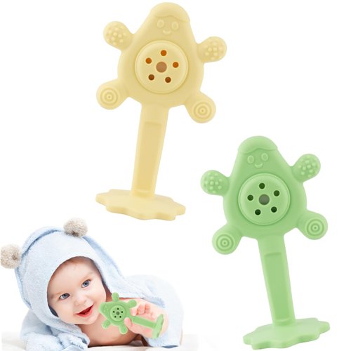 Fu Store Baby Rattles Toys 2 Pack Infant Grab Shake Flexible Rattle Chew Teething Toy Sensory Development Silicone Teethers for Newborn Babies Infant Boys Girls (Yellow&Green)
