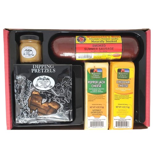 Wisconsin’s Best & Wisconsin Cheese Company’s - 100% Wisconsin Cheddar Cheese, Pepper Jack Cheese, Sausage & Gourmet Dipping Pretzel and Mustard Gift Box. Specialty Food Gifts for Family’s, Thank You Gift, Birthday Gift, Valentine's Day Gift