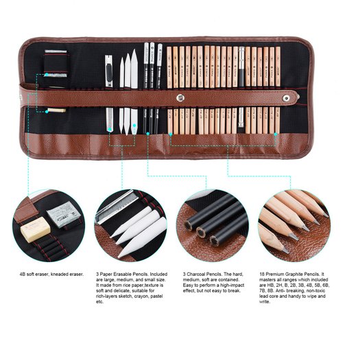 29 Pieces Professional Sketching & Drawing Art Tool Kit With Graphite Pencils, Charcoal Pencils, Paper Erasable Pen, Craft Knife-Lightwish (without Sketchbook, with Canvas Rolling Pouch）…