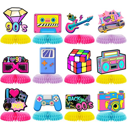 12 Pcs 90s Party Decorations 90s Retro Honeycomb Centerpieces Back to The 90s Party Table Centerp...