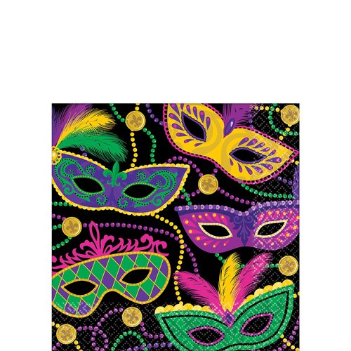 Amscan Mardi Gras Mask Paper Napkins, 5" x 5", Pack of 16, Multicolor