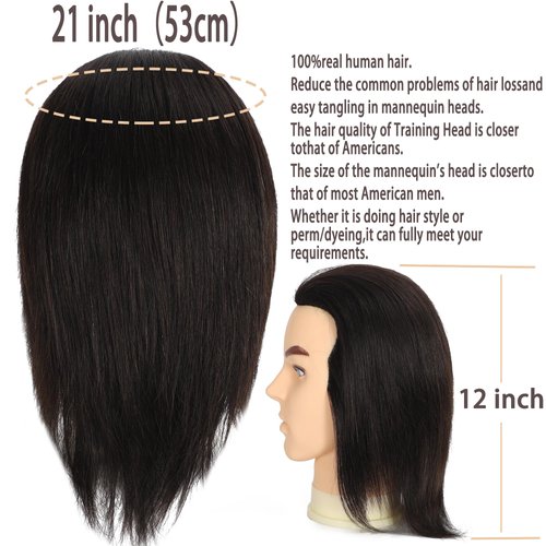 Mannequin Head, Male mannequin Head with 100% Human Hair, 12" Barber Mannequin Head, Hairdresser training Doll manikin Head for Hair Styling and Practice