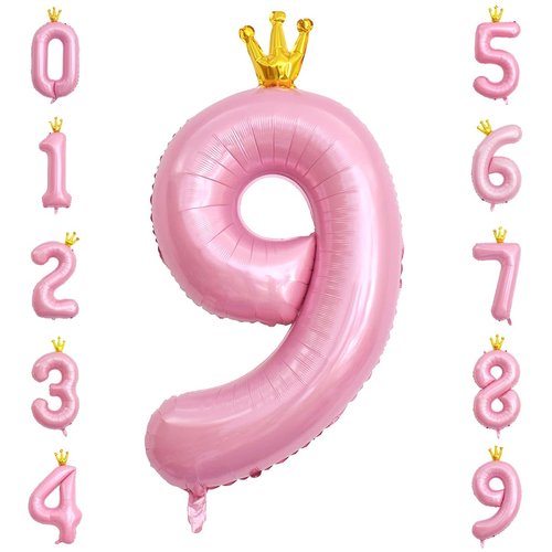 40 Inch Crown Pink Number 9 Balloon, Big Conjoined Baby Pink Foil Mylar Helium Digit 9 Balloon for Girl 9th Birthday Party Decorations Anniversary Decor Theme Party Supplies