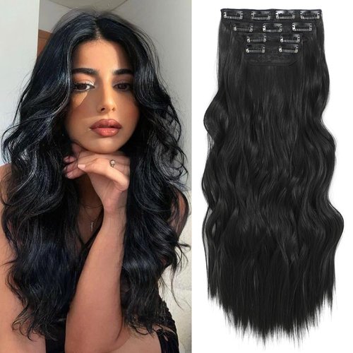 Clip In Hair Extensions Long Wavy Hair Extensions 4PCS Black Hair Extensions Clip Ins for Women Soft and Natural Synthetic Hair Extensions Fiber Hairpieces for Daily Wear