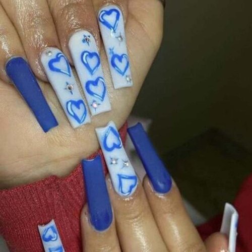 Hkanlre Blue Press on Nails Tips Coffin Long Heart Fake Nails Bling Full Cover Ballerina Graffiti...