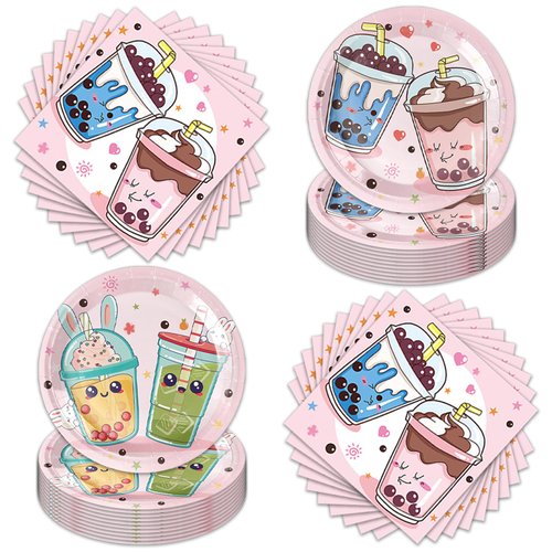 40pcs Bubble Tea Birthday Party Supplies-Bubble Tea Party Decorations Tableware For Kids, Plate, Napkin Party Decorations Dinnerware