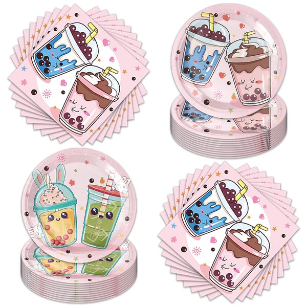 40pcs Bubble Tea Birthday Party Supplies-Bubble Tea Party Decorations Tableware For Kids, Plate, Napkin Party Decorations Dinnerware