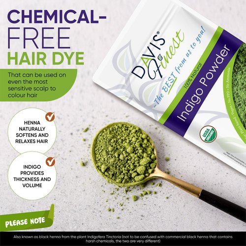 Davis Finest Indigo Powder for Hair Dye, Natural Black Henna Hair Colour, Chemical-Free, Ammonia-Free Hair/Beard Dye 100g