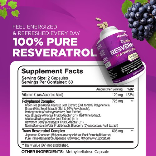 Nutrivein Resveratrol 1450mg - Antioxidant Supplement 120 Capsules – Supports Healthy Aging & Promotes Immune, Brain Boost & Joint Support - Made with Trans-Resveratrol, Green Tea Leaf, Acai Berry