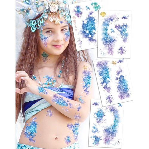 16 Sheets Mermaid Scale Temporary Tattoos - Decoracion De Sirena Para CumpleañOs - Mermaid Temporary Tattoos for Adults Kids, Mermaid Tattoos for Mermaid Costume Makeup
