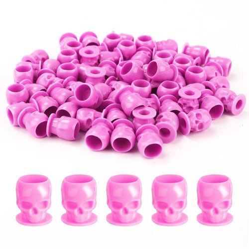 OFEYLE Tattoo Ink Caps Disposable Skull Tattoo Ink Cups 200PCS Plastic Ink Caps for Tattooing Makeup Pigment Ink Cups Tattoo Ink Holder Tattoo Supplies and Equipment, Tattoo Accessories (Pink)