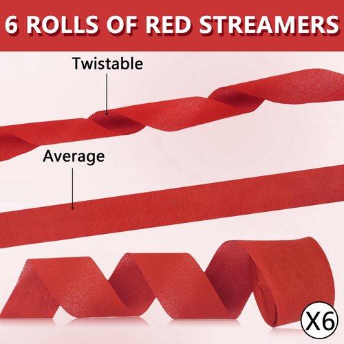 Oun Nana Crepe Paper Streamers 6 Rolls Red Streamers 2.2 Inches 738 Feet, Streamers Party Supplies DIY Crafts for Birthday, Wedding, Baby Shower, Bachelorette Party, Graduations Decorations, Red