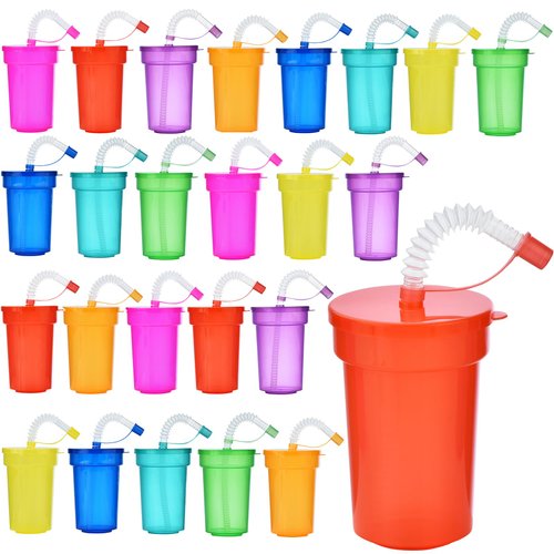 ALINK Plastic Kids Party Cups with Lids and Straws, 24pcs 12 oz Leak Proof Colorful Party Favor Cups for Birthday, Holiday, Events, Party Decoration Supplies