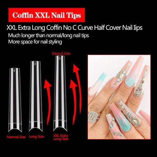 600PCS XXL Coffin Nail Tips No C Curve Nail Tips, Extra Long Clear Coffin Nail Tips for Acrylic Nails Professional, Half Cover Flat Acrylic Nail Tips Fake Nails for Nail Salon and Home DIY 12 Sizes