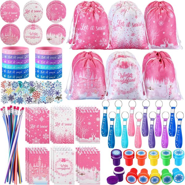 Abbylike 140 Pcs Winter Party Favors Christmas Gifts for Kids Snowflake Wonderland Party Favors Supplies Birthday Notebook Bracelet Stamper Sticker Drawstring Bag Pencil Button Pin Keychain
