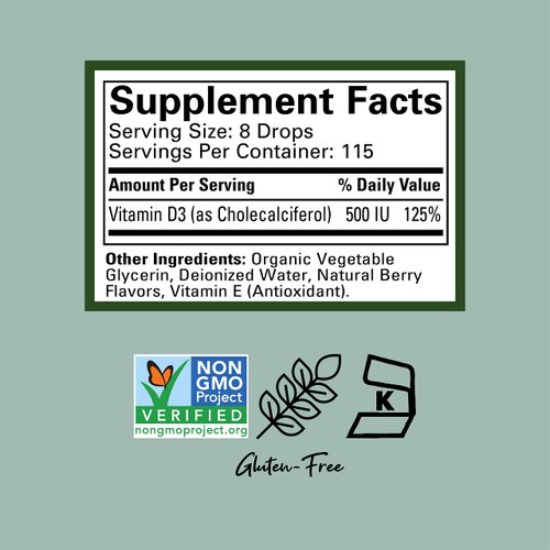 CHILDLIFE ESSENTIALS Vitamin D3 for Babies- Vitamin D Drops for Kids, Supports Immune, Respiratory, Heart, & Bone Health, Gluten-Free, Non-GMO, 500 IU (12.5 mg) - Berry Flavor, 1 Fl. Oz Bottle, 3-Pack