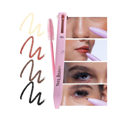 Yazz Beauty 4-in-1 Touch-Up Makeup Pen (Coral Champagne):Dark Brown Eyebrow Pencil, a Brown Mauve Lip Liner, a Black Eyeliner, and a Champagne Gold Shimmer Highlighter – Ideal for Travel