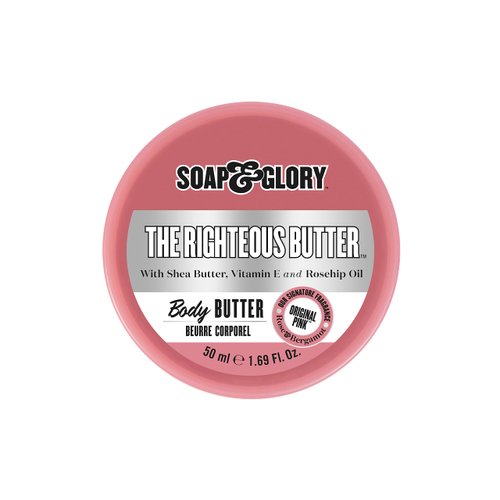 Soap & Glory The Righteous Butter Moisturizing Body Butter - Skin Hydration Body Moisturizer with Vitamin E, Rosehip Seed Oil & Shea Butter - Rich Body Cream for Soft & Smooth Skin (50ml)