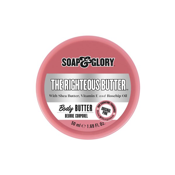 Soap & Glory The Righteous Butter Moisturizing Body Butter - Skin Hydration Body Moisturizer with Vitamin E, Rosehip Seed Oil & Shea Butter - Rich Body Cream for Soft & Smooth Skin (50ml)