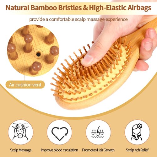 AYCBNB Bamboo Hair Brush for Hair Growth, Detangler Hairbrush with Natural Bamboo Bristles, Wooden Paddle Brush for Scalp Massage, All Hair Types, for Women, Men, and Kids