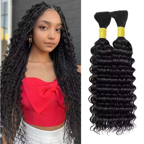 Human Braiding Hair 28 Inch Deep Wave Bulk Human Hair for Braiding No Weft 2 Bundles 100g Curly Human Hair for Boho Braids 100% Unprocessed Brazilian Virgin Hair for Human Hair Extensions