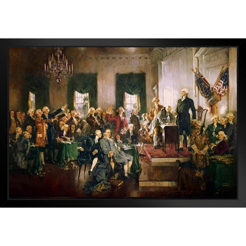 Signing Of The Constitution Howard Chandler Christy Historic Scene Painting USA America Founding Liberty Independence American Document Motivational Black Wood Framed Wall Art 20x14