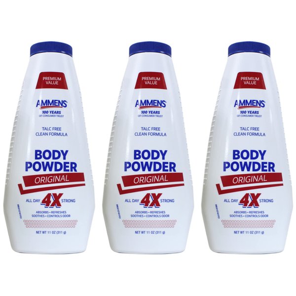 AMMENS BODY Powder Original All Day 4X Strong, 11 oz (Pack of 3)