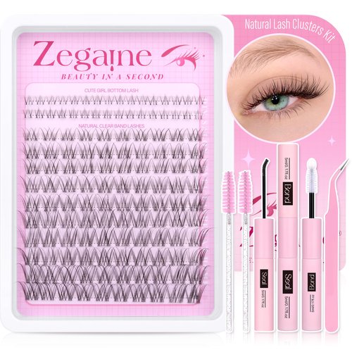 Zegaine Natural Eyelash Extensions Kit With Bottom Lash Clusters Wispy Eyelash Clusters Invisible Band Manga Lower Cluster Lashes Individual Lashes Kit With Lash Bond & Seal, Tweezers, Brushes 8-16MM