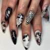 24Pcs Gothic Press on Nails Medium Almond Fake Nails Punk Cartoon Anime Design Black White Full Cover Glue on Nails Horror Gothic Designs French False Nails for Women Girls Acrylic Manicure Decor