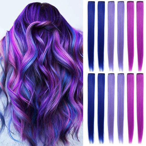 IAMERUI 12 Pcs Colored Hair Extensions Colorful Hair Extension Party Highlights Multi-colors Clip in Hair Synthetic Hairpieces for Girls and Kids(Blue Purple Lavender)