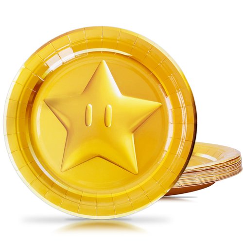 HOMEZZO 16 Coin Shaped Plates Set for Video Game Party Decorations