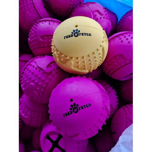 ‌Feed N' Fetch Interactive Treat Ball - Dog Feeder Ball, Teeth Cleaner - 2 Pack Multipurpose Dog Treat Dispenser Toy - Food Puzzle Ball for All Dog Breeds & Sizes - Natural Rubber Play Fetch Ball