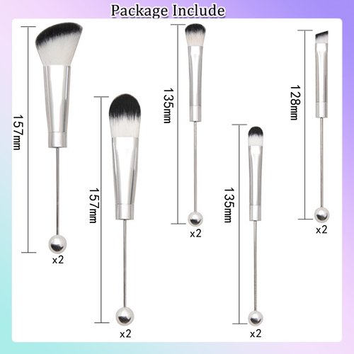 10Pieces Beadable Makeup Brushes Diy Makeup Comestic Brushes Beaded Brushes Kit for DIY Beaded Eyeshadow Brush (Beadable Makeup Brushes-10pieces=2Sets)-Silver